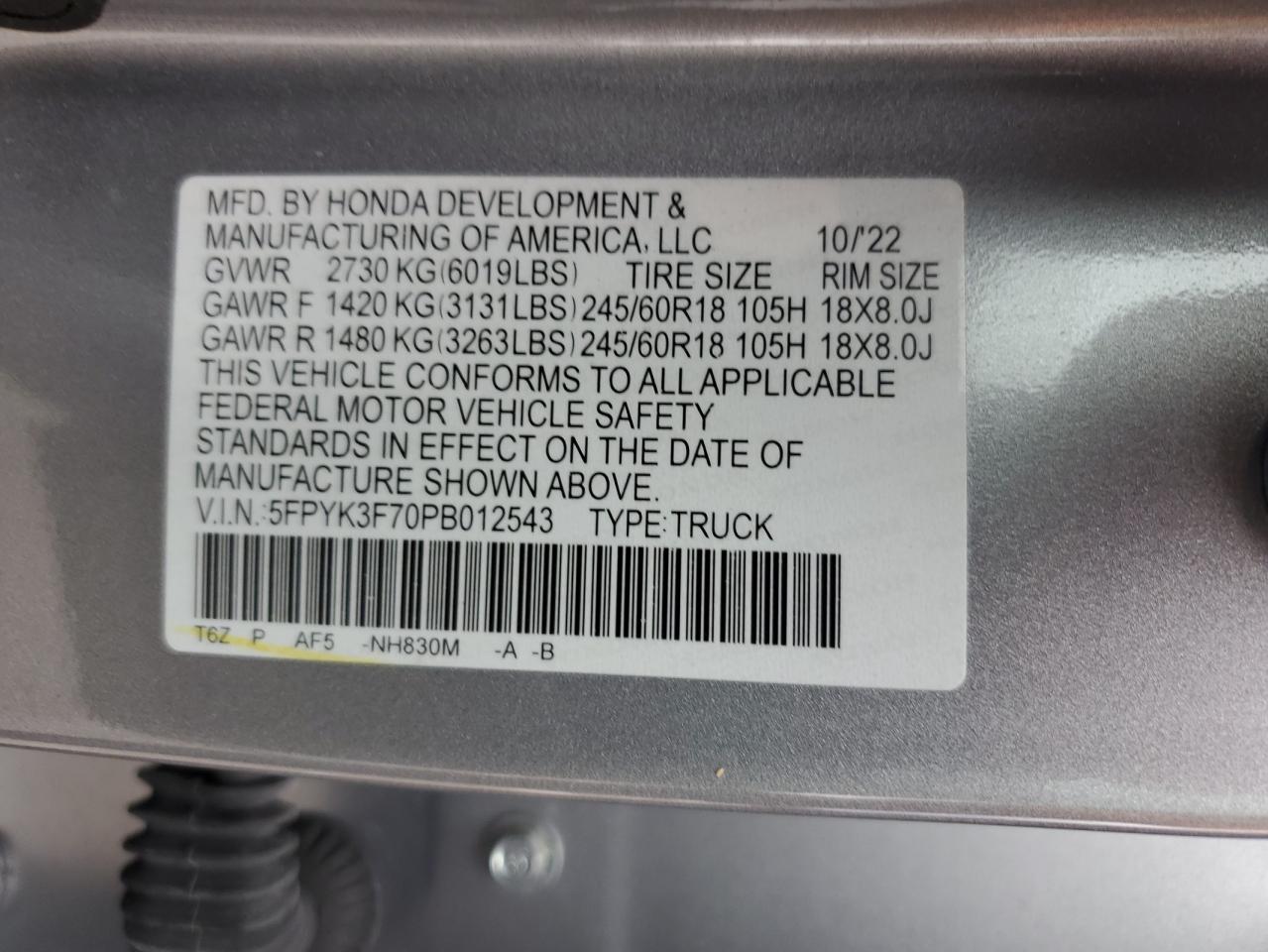 2023 HONDA RIDGELINE RTL-E VIN:5FPYK3F70PB012543