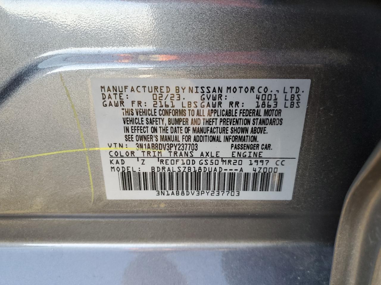 2023 NISSAN SENTRA SR VIN:3N1AB8DV3PY237703