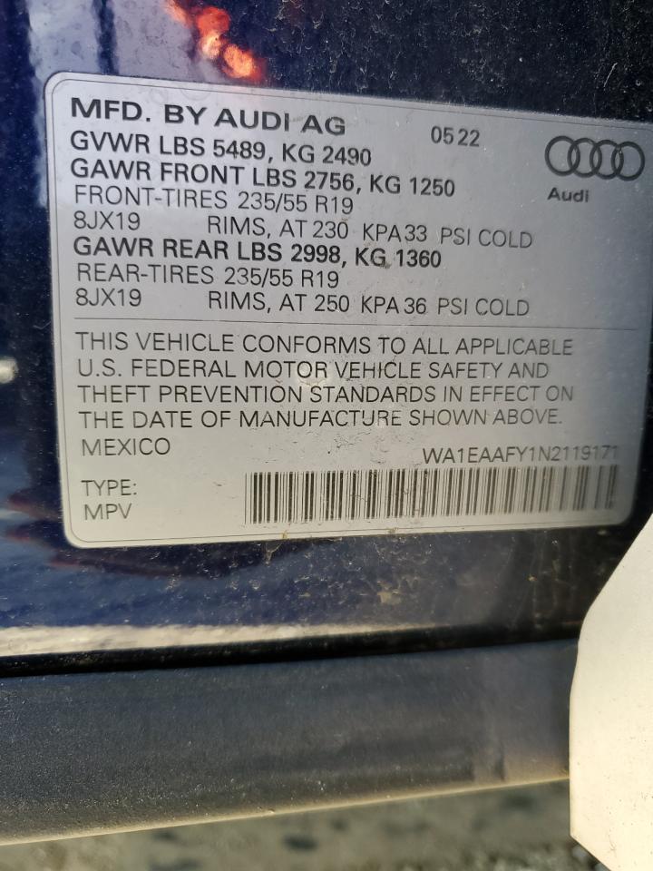 2022 AUDI Q5 PREMIUM PLUS 45 VIN:WA1EAAFY1N2119171