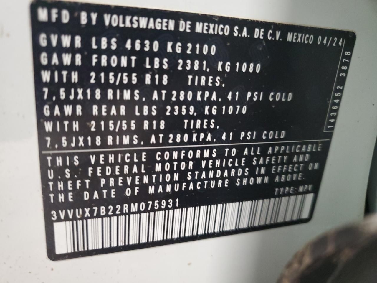2024 VOLKSWAGEN TAOS SE VIN:3VVUX7B22RM075931