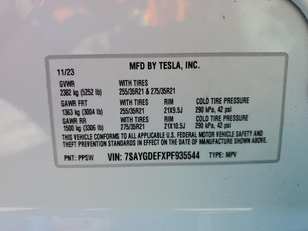 2023 TESLA MODEL Y  VIN:7SAYGDEFXPF935544