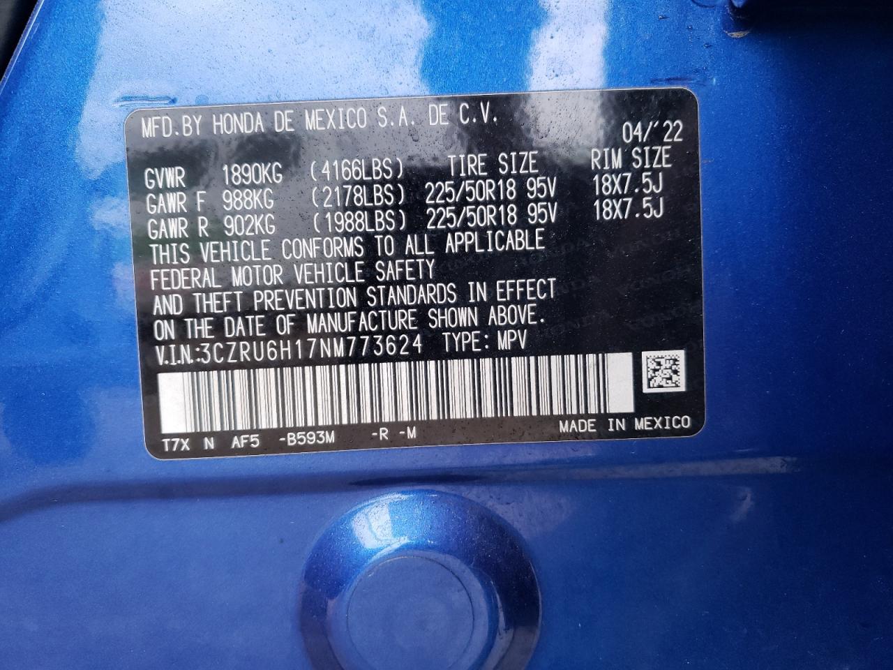 2022 HONDA HR-V SPORT VIN:3CZRU6H17NM773624