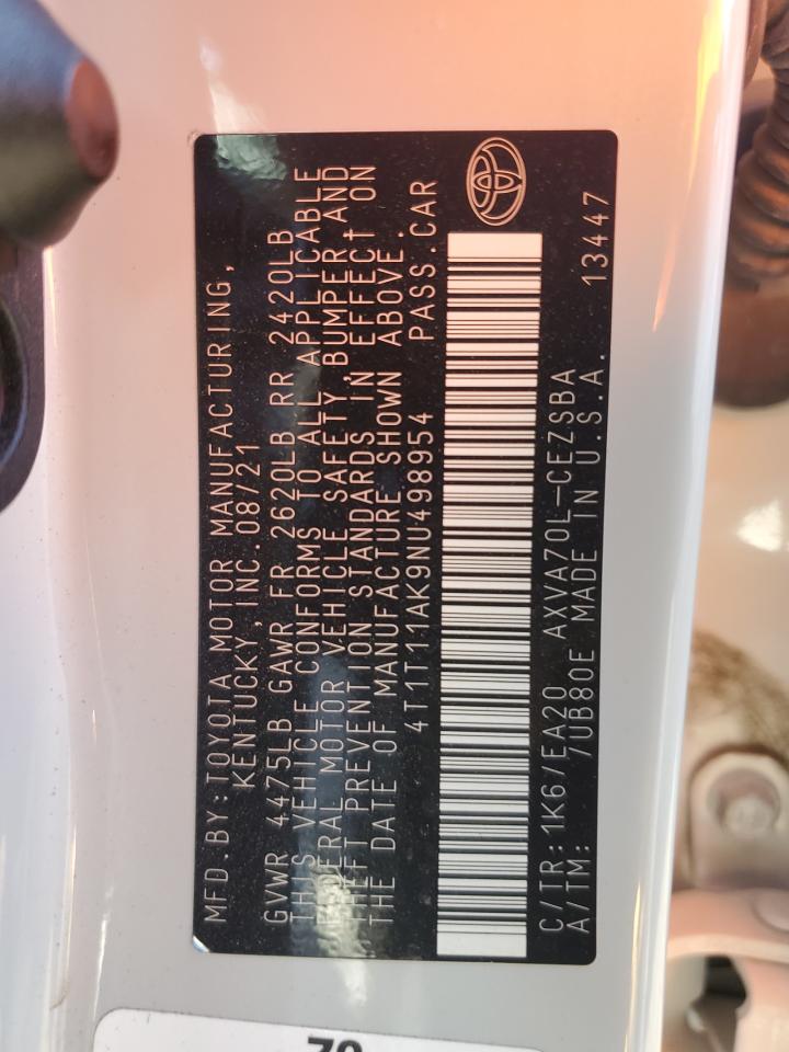 2022 TOYOTA CAMRY SE VIN:4T1T11AK9NU498954