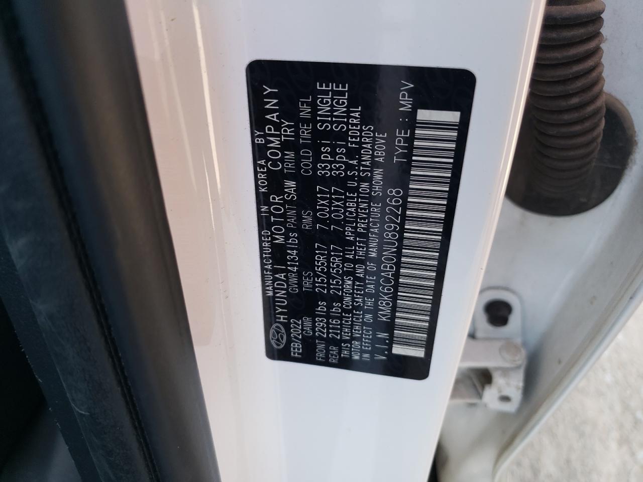 2022 HYUNDAI KONA SEL VIN:KM8K6CAB0NU892268