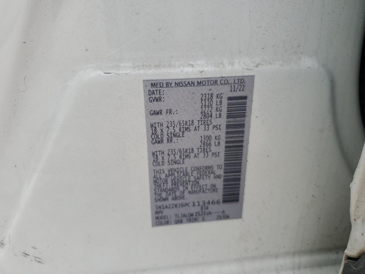 2023 NISSAN MURANO SV VIN:5N1AZ2BJ6PC113466