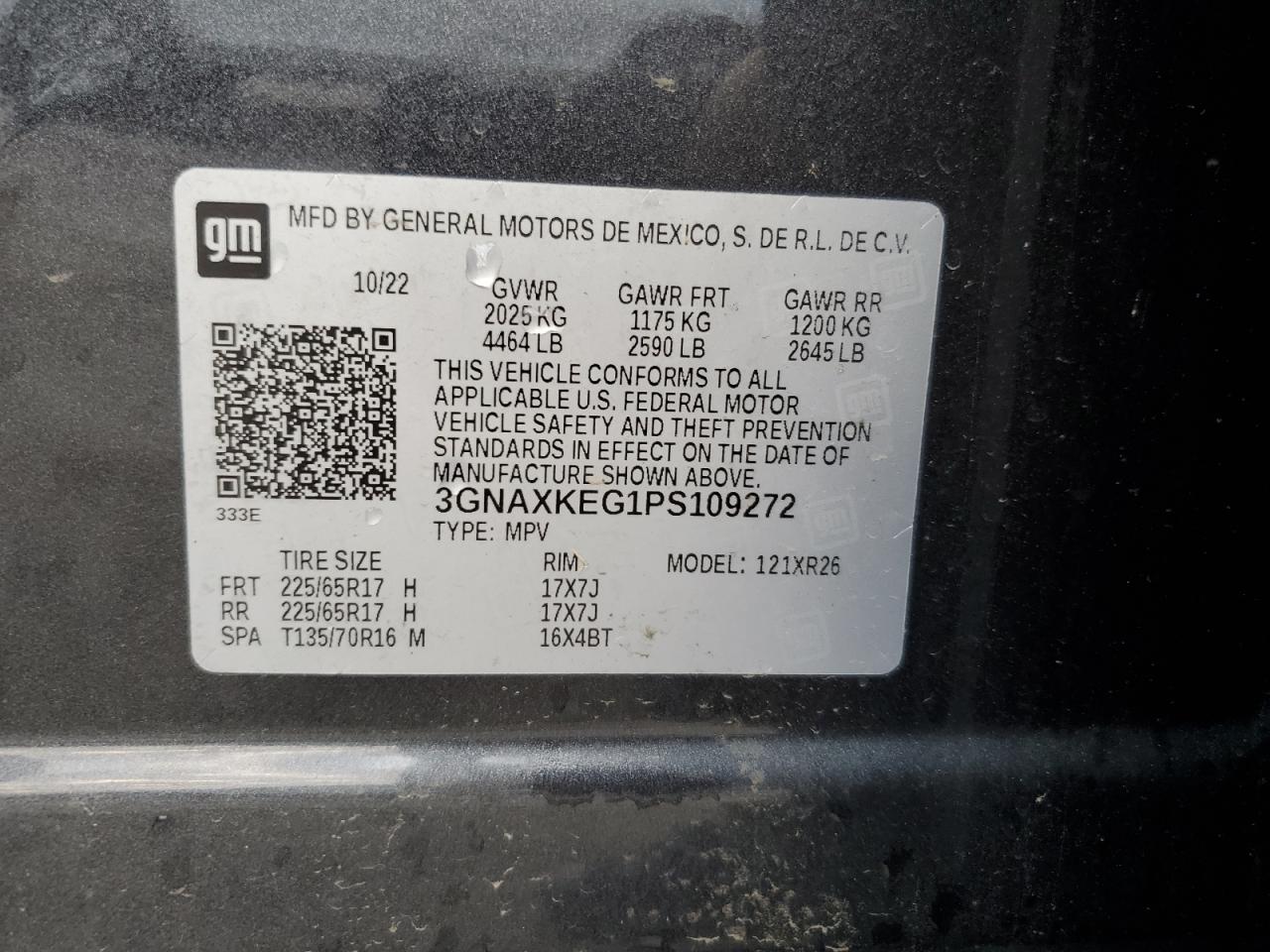 2023 CHEVROLET EQUINOX LT VIN:3GNAXKEG1PS109272