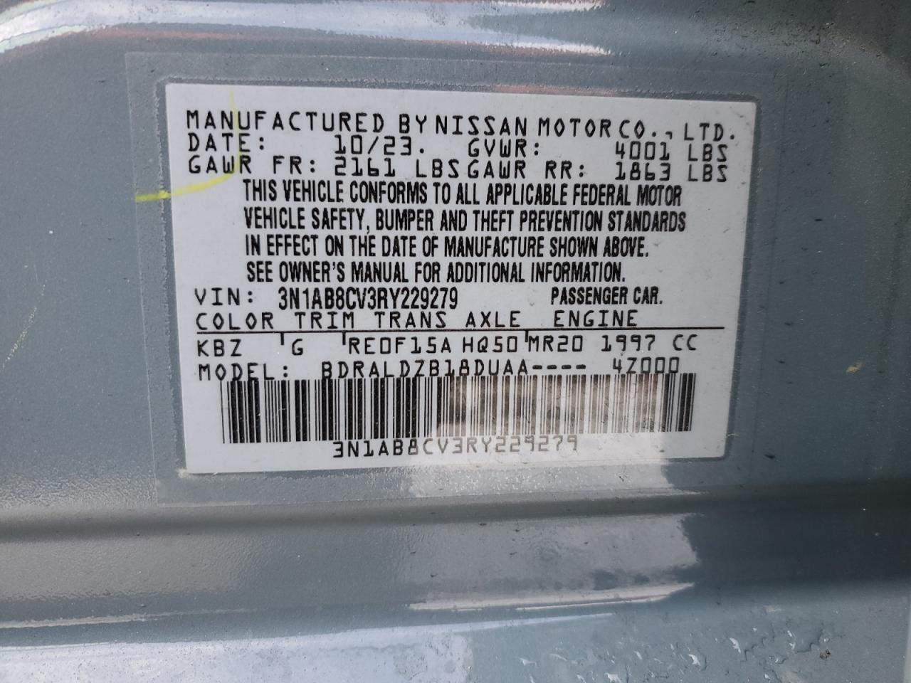 2024 NISSAN SENTRA SV VIN:3N1AB8CV3RY229279