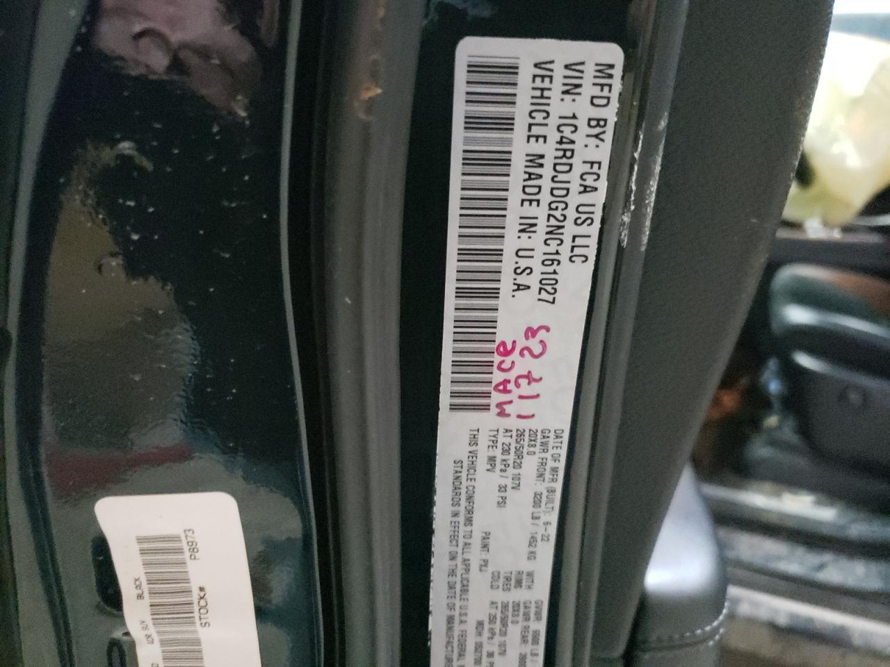 2022 DODGE DURANGO GT VIN:1C4RDJDG2NC161027