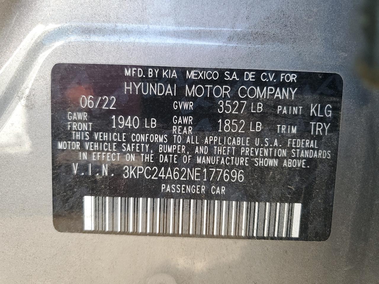 2022 HYUNDAI ACCENT SE VIN:3KPC24A62NE177696