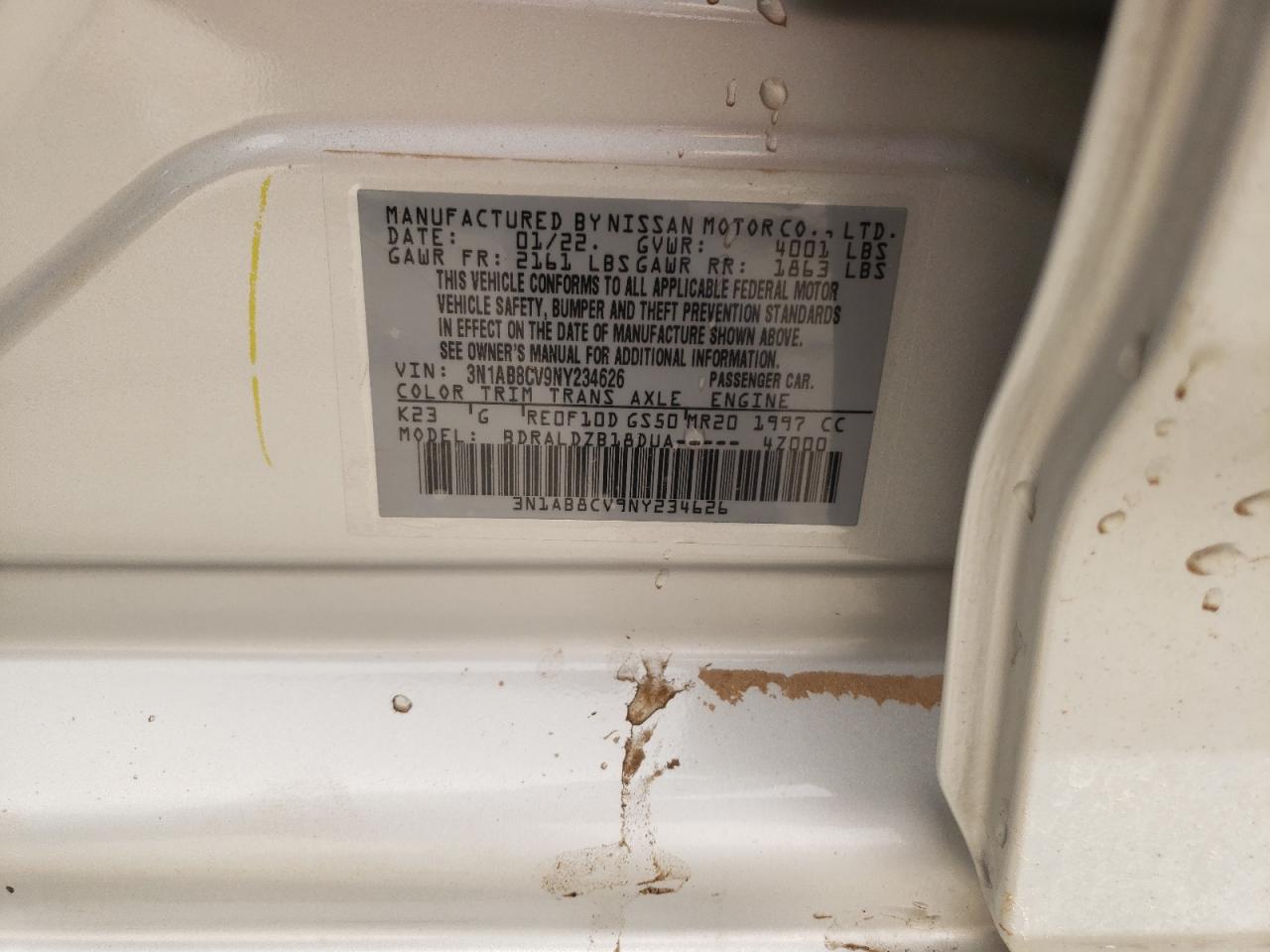 2022 NISSAN SENTRA SV VIN:3N1AB8CV9NY234626