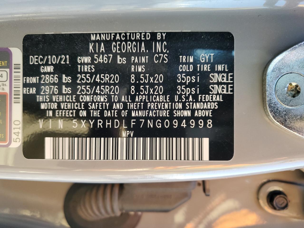 2022 KIA SORENTO EX VIN:5XYRHDLF7NG094998
