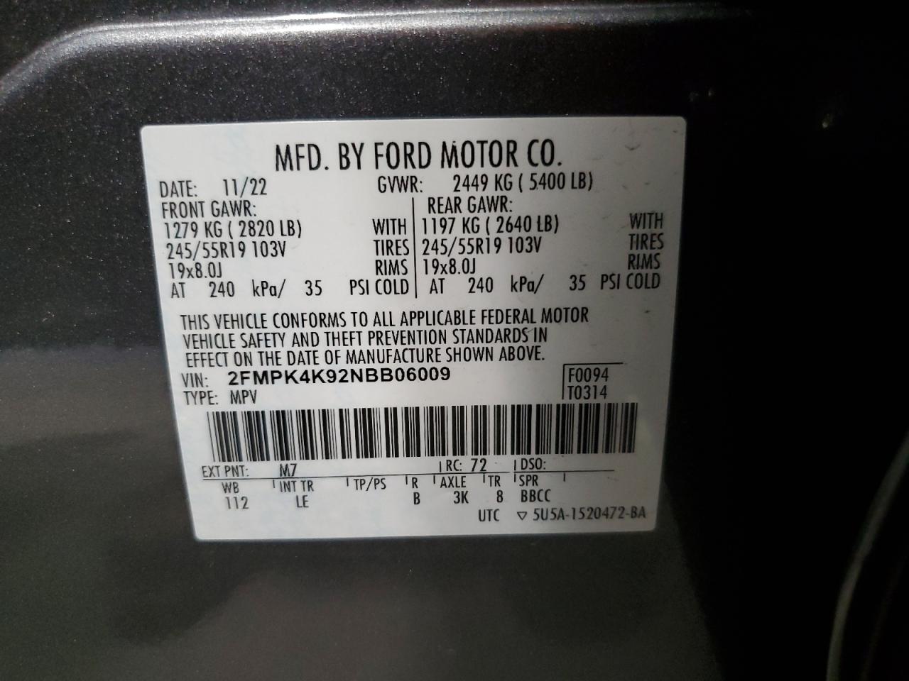 2022 FORD EDGE TITANIUM VIN:2FMPK4K92NBB06009