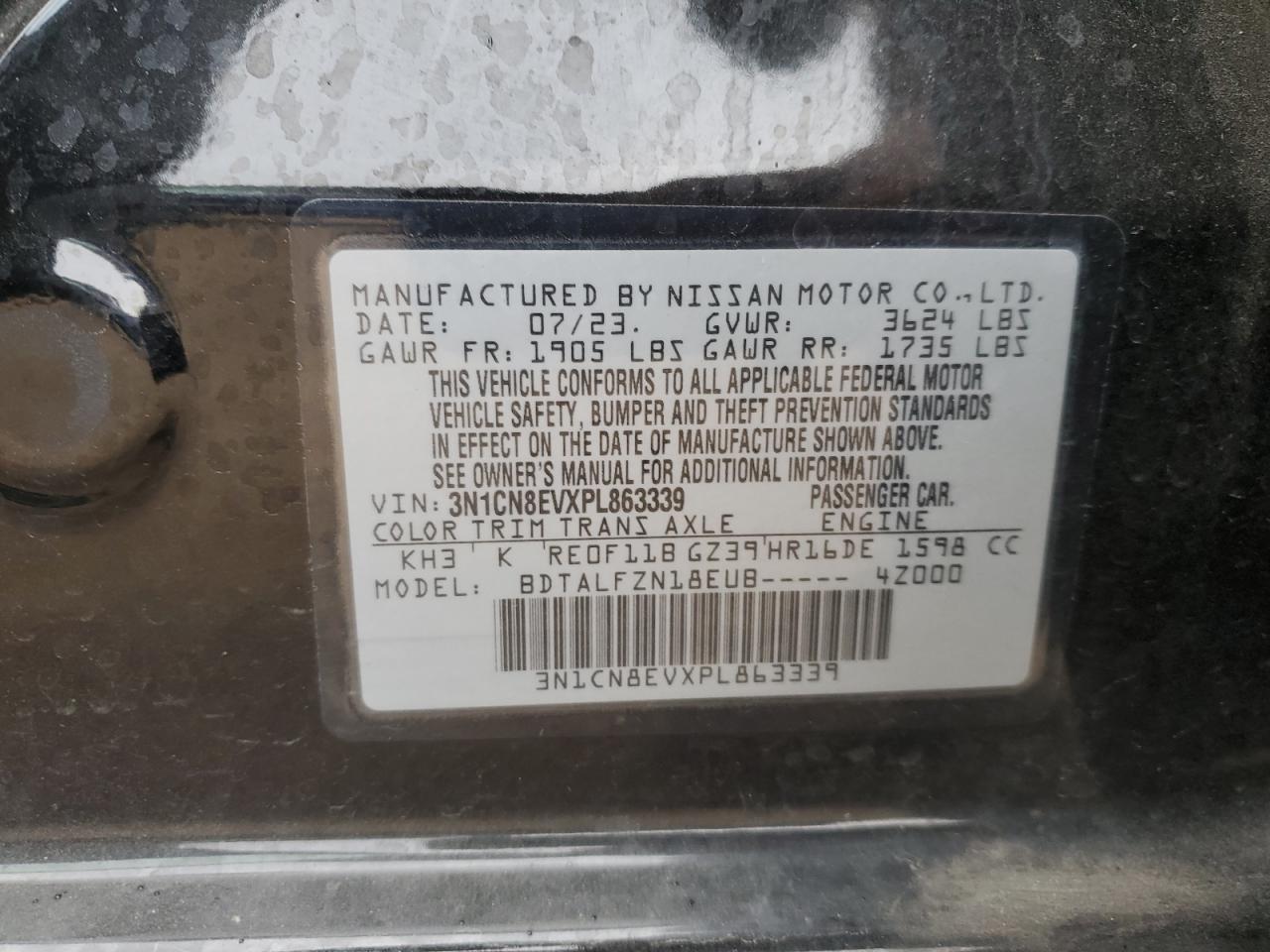 2023 NISSAN VERSA SV VIN:3N1CN8EVXPL863339