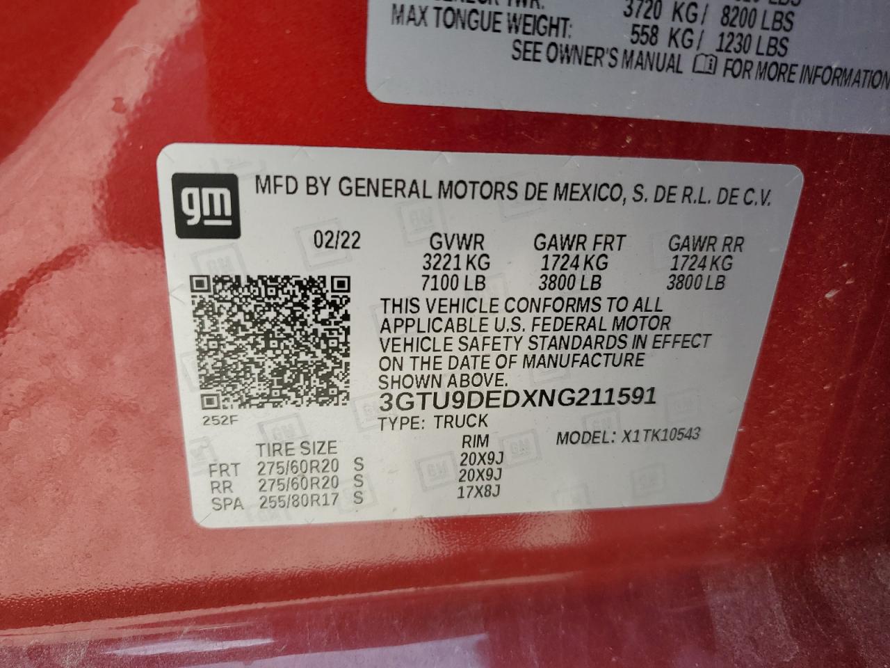 2022 GMC SIERRA LIMITED K1500 SLT VIN:3GTU9DEDXNG211591