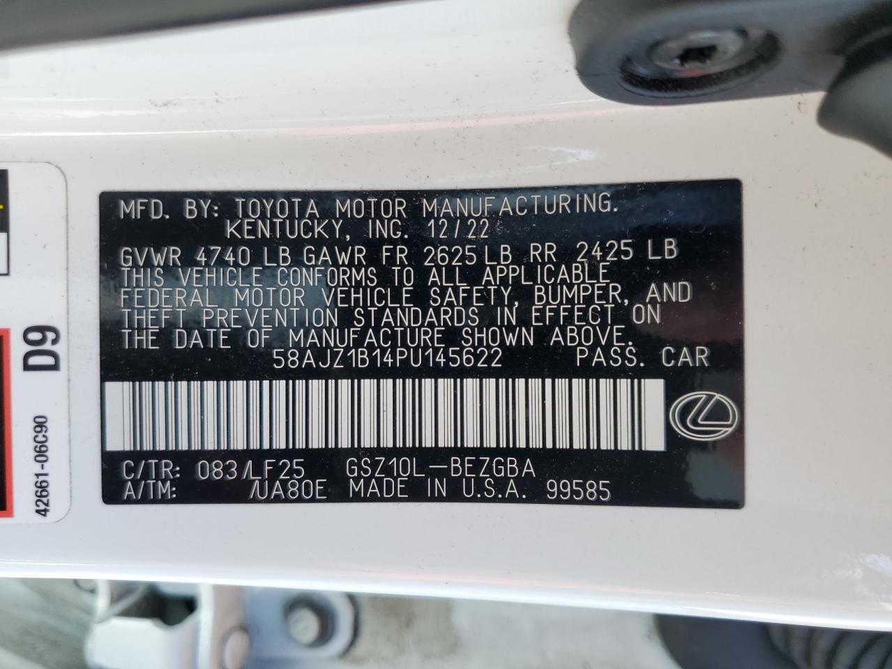 2023 LEXUS ES 350 F SPORT HANDLING VIN:58AJZ1B14PU145622