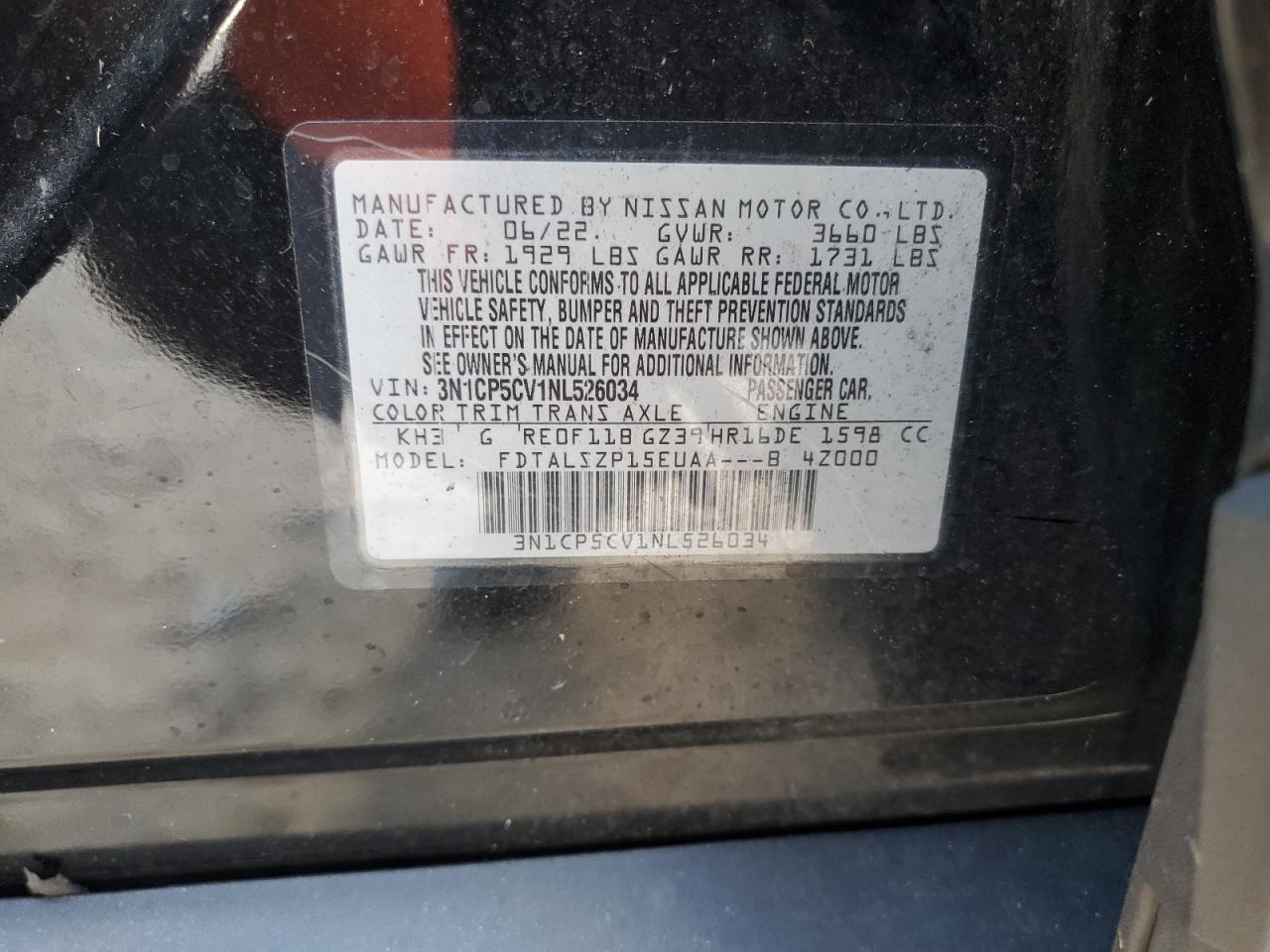 2022 NISSAN KICKS SV VIN:3N1CP5CV1NL526034