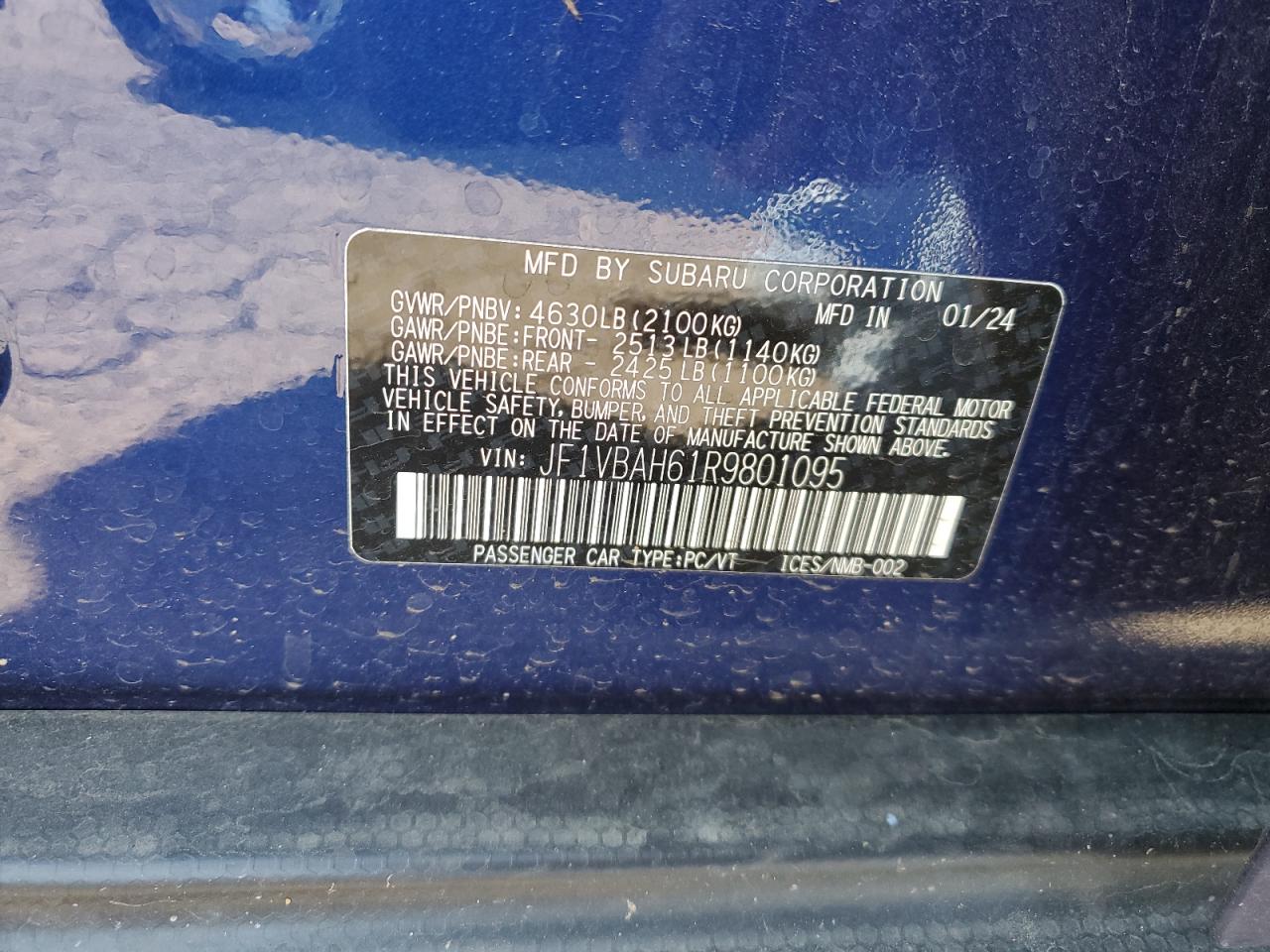 2024 SUBARU WRX PREMIUM VIN:JF1VBAH61R9801095