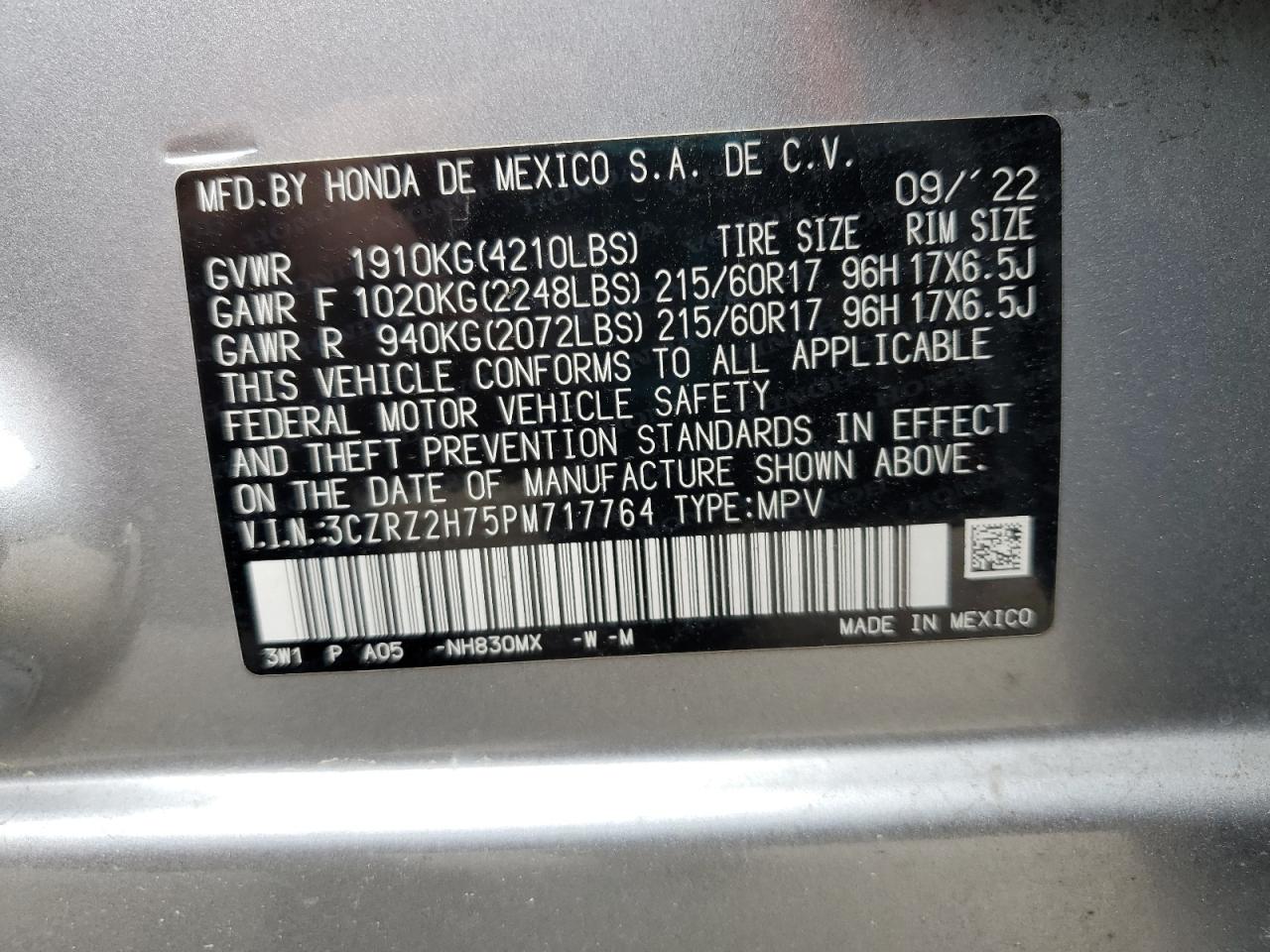 2023 HONDA HR-V EXL VIN:3CZRZ2H75PM717764