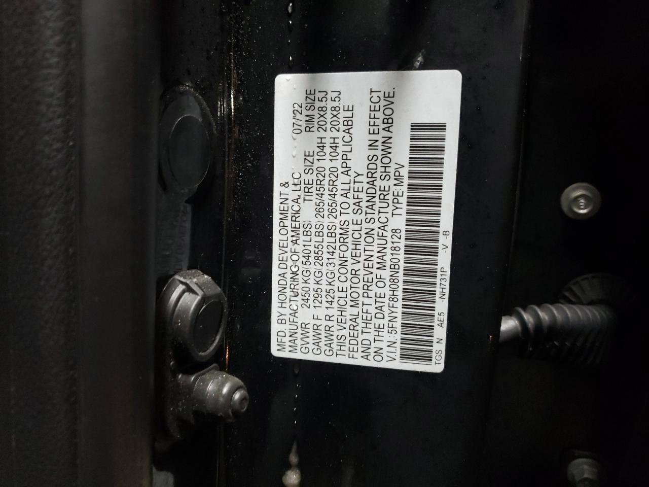 2022 HONDA PASSPORT ELITE VIN:5FNYF8H08NB018128