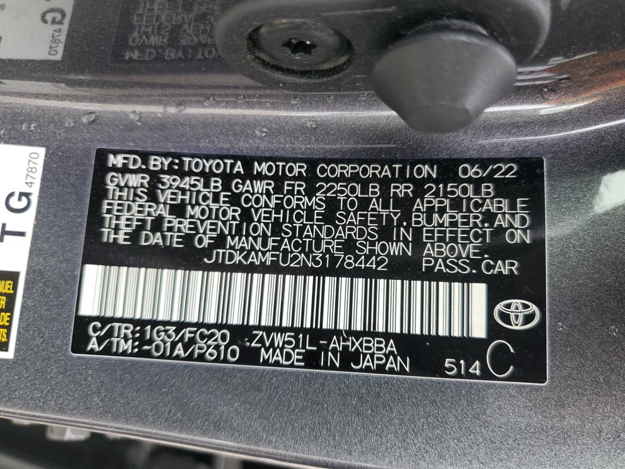 2022 TOYOTA PRIUS NIGHT SHADE VIN:JTDKAMFU2N3178442