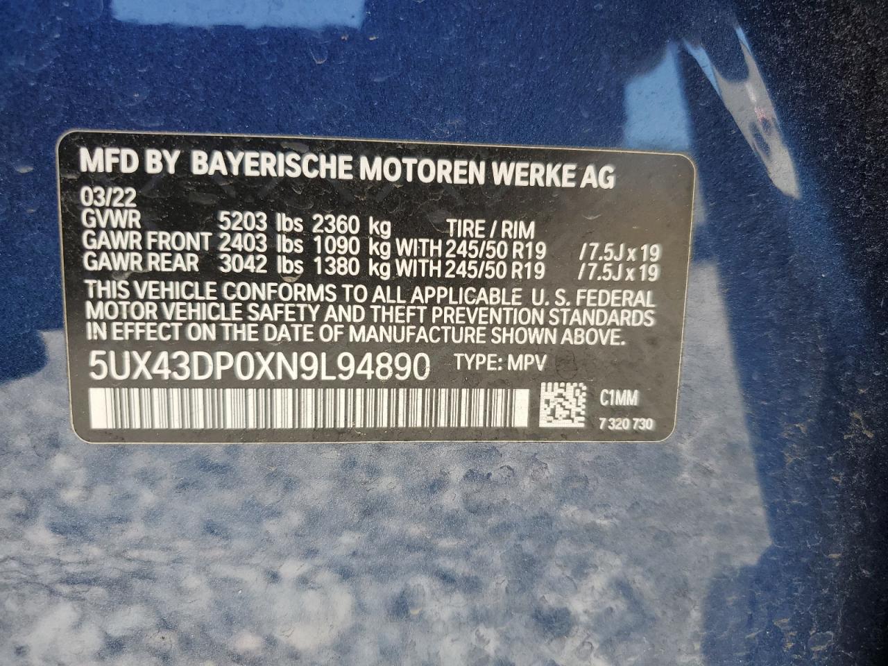 2022 BMW X3 SDRIVE30I VIN:5UX43DP0XN9L94890