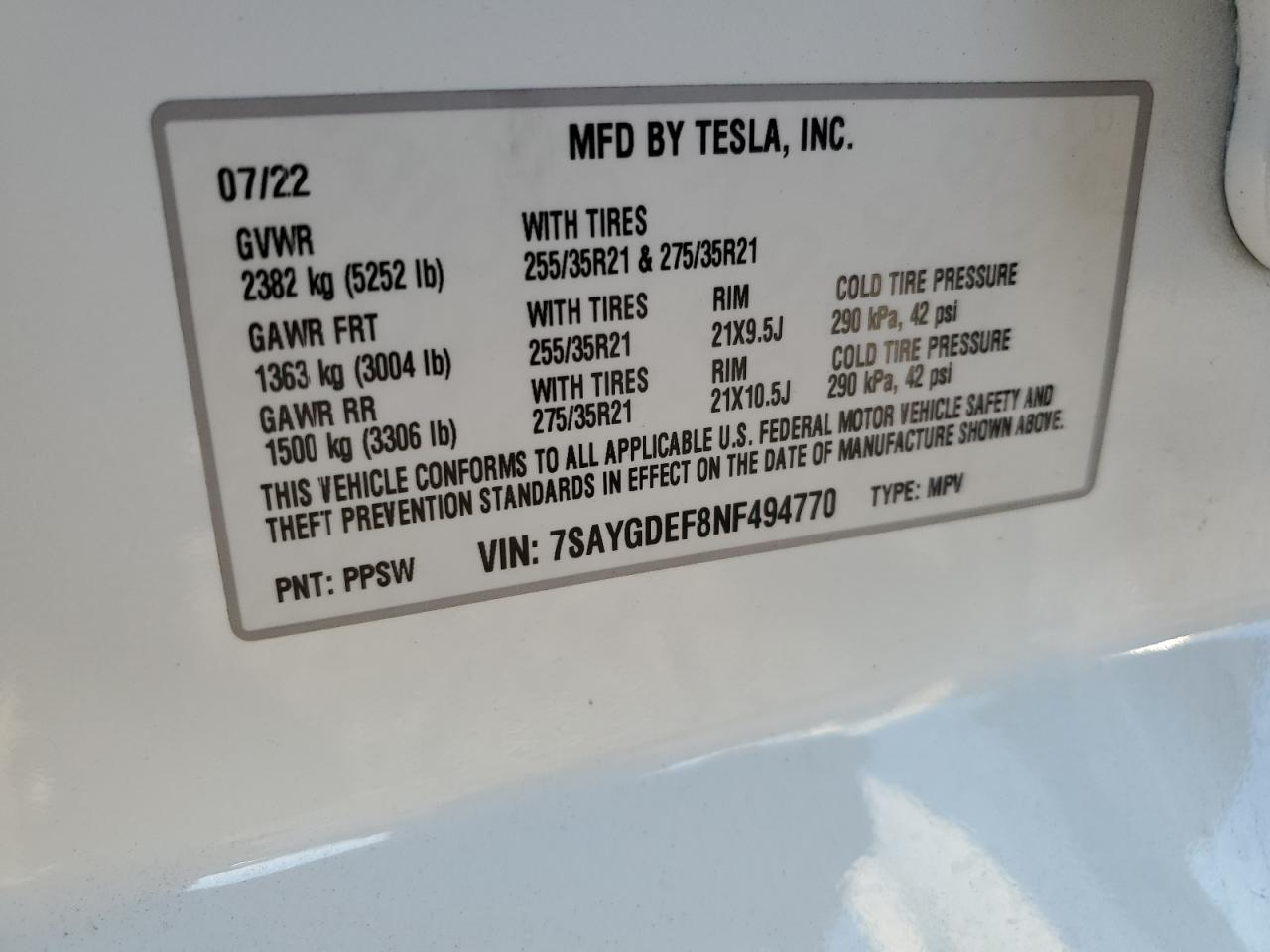2022 TESLA MODEL Y  VIN:7SAYGDEF8NF494770