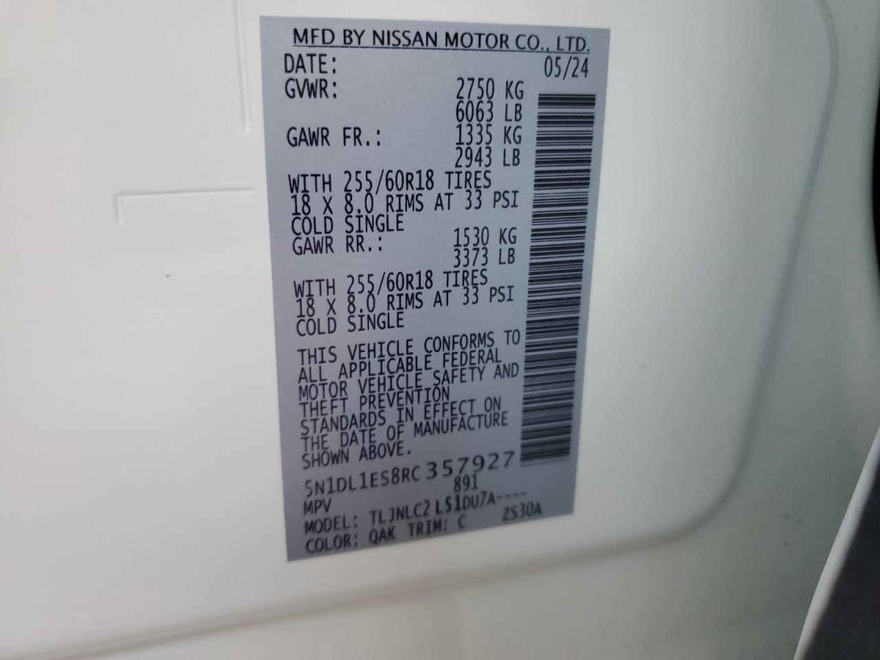 2024 INFINITI QX60 PURE VIN:5N1DL1ES8RC357927