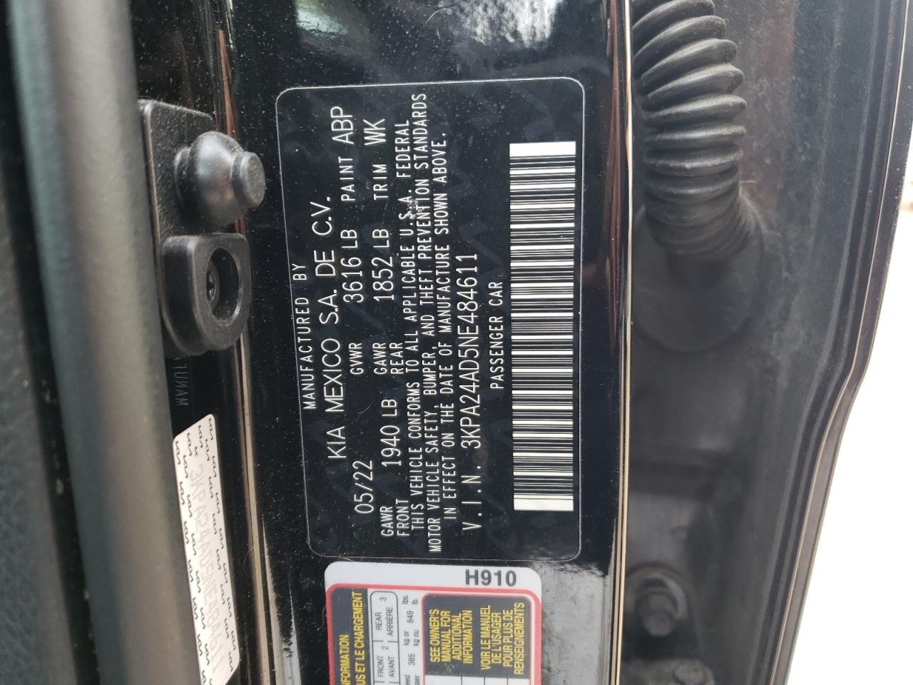 2022 KIA RIO LX VIN:3KPA24AD5NE484611