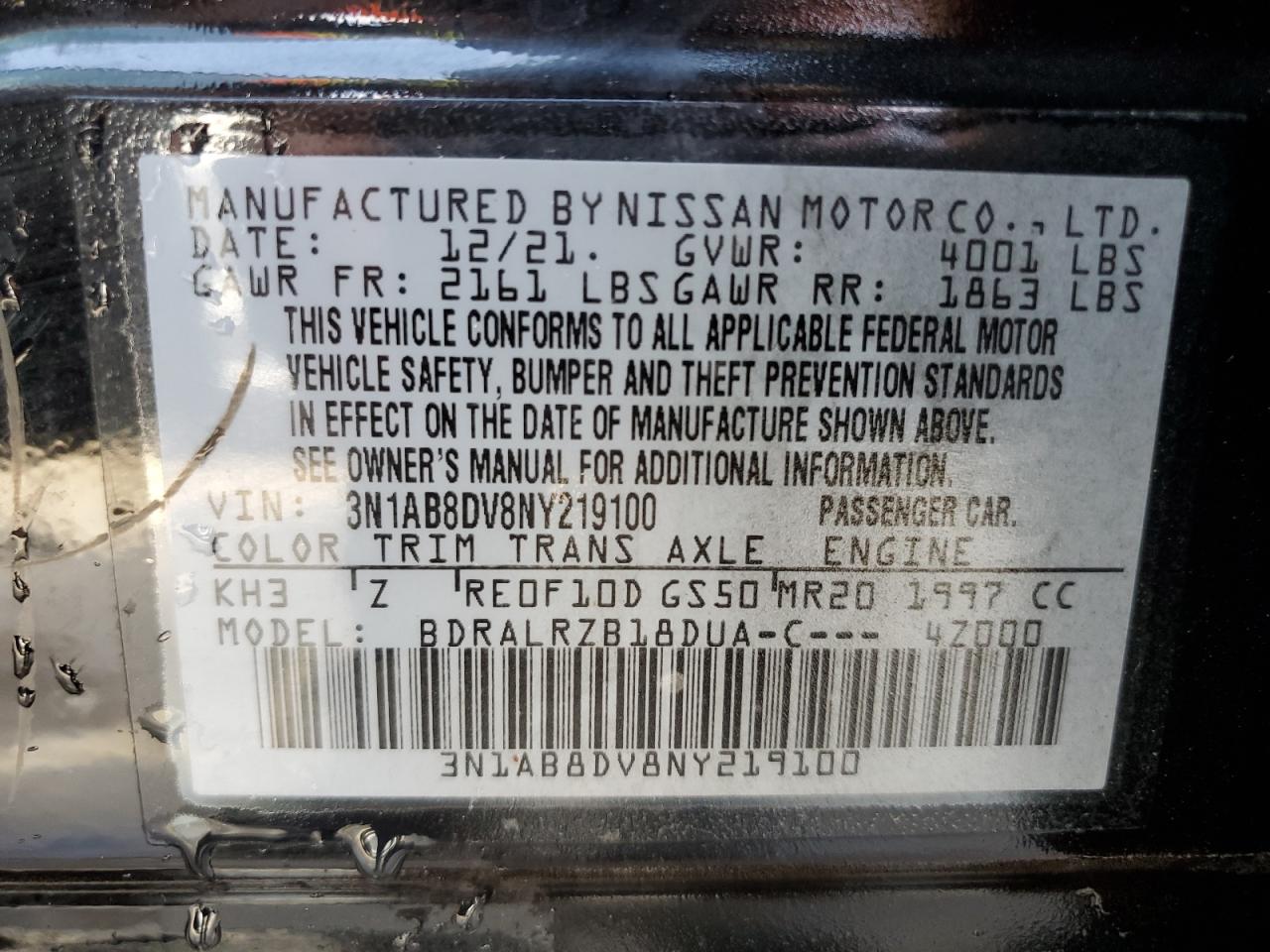 2022 NISSAN SENTRA SR VIN:3N1AB8DV8NY219100