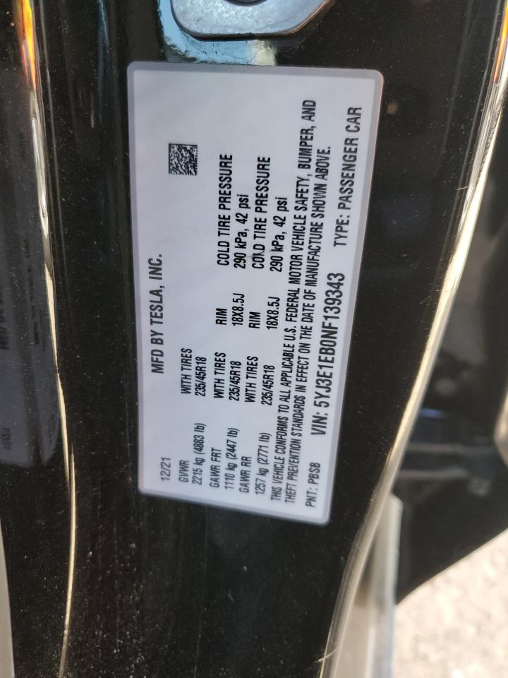 2022 TESLA MODEL 3  VIN:5YJ3E1EB0NF139343