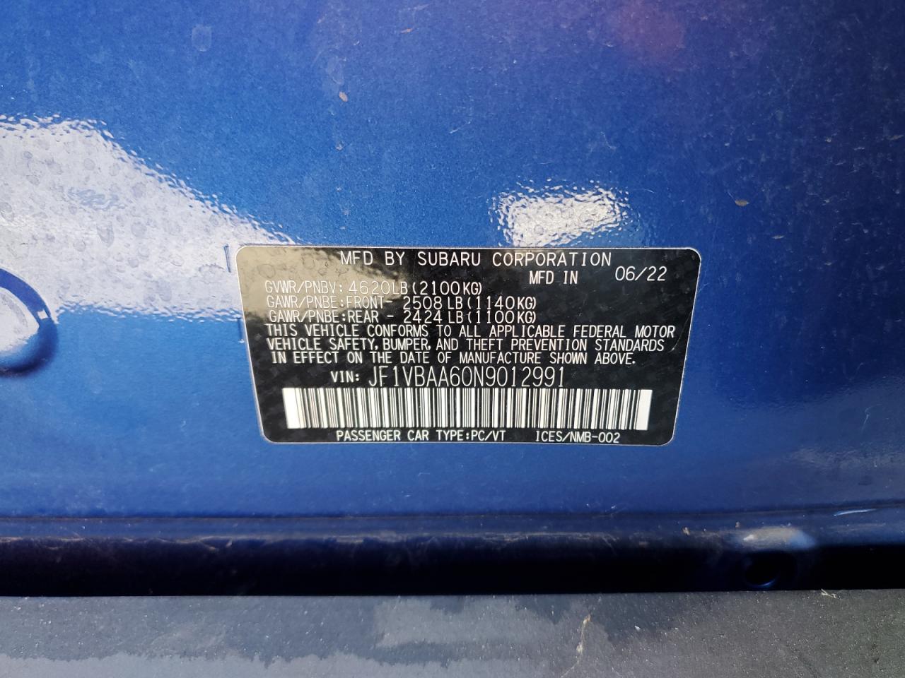 2022 SUBARU WRX  VIN:JF1VBAA60N9012991