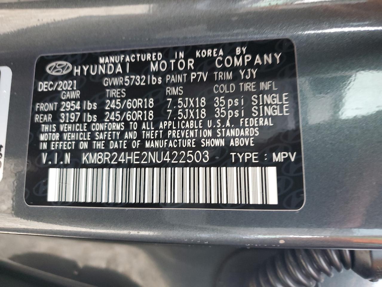 2022 HYUNDAI PALISADE SEL VIN:KM8R24HE2NU422503