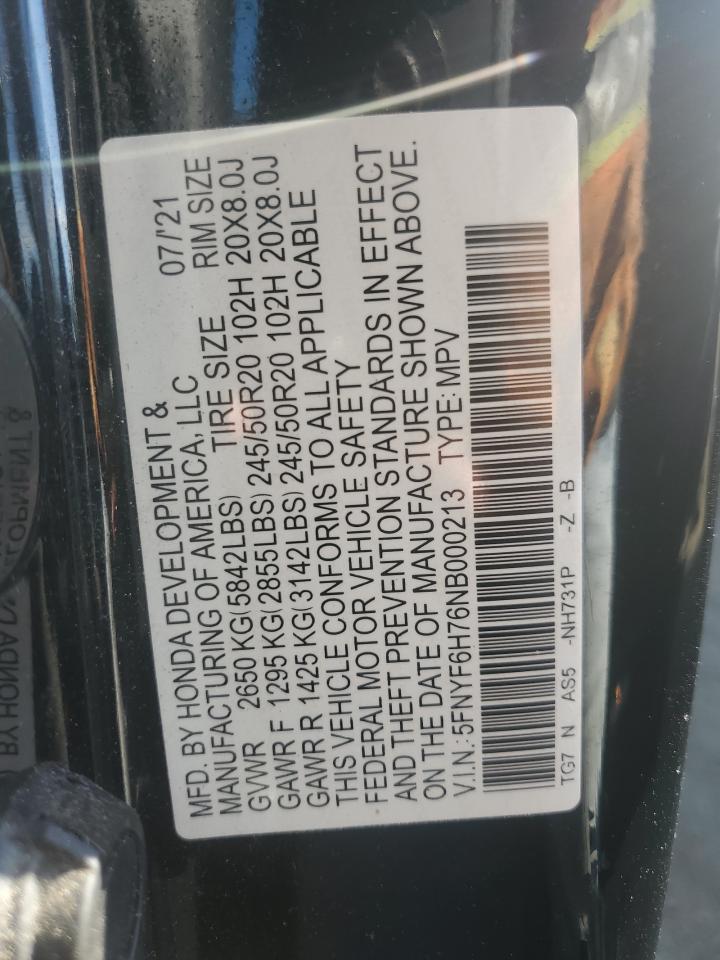 2022 HONDA PILOT BLACK VIN:5FNYF6H76NB000213