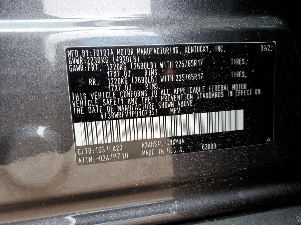 2023 TOYOTA RAV4 XLE VIN:4T3RWRFV1PU107951