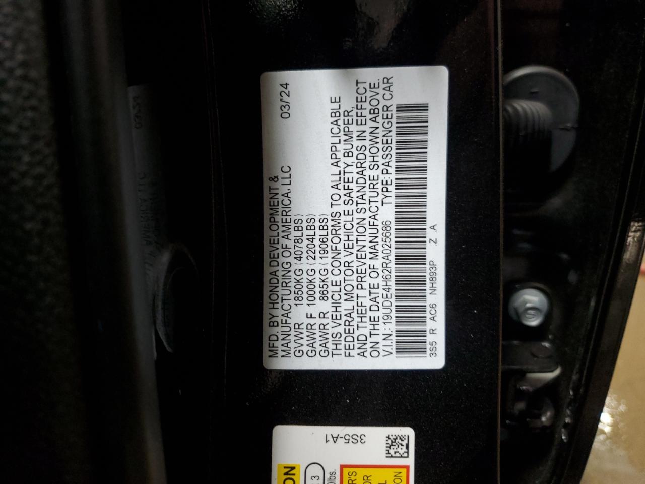 2024 ACURA INTEGRA A-SPEC TECH VIN:19UDE4H62RA025686