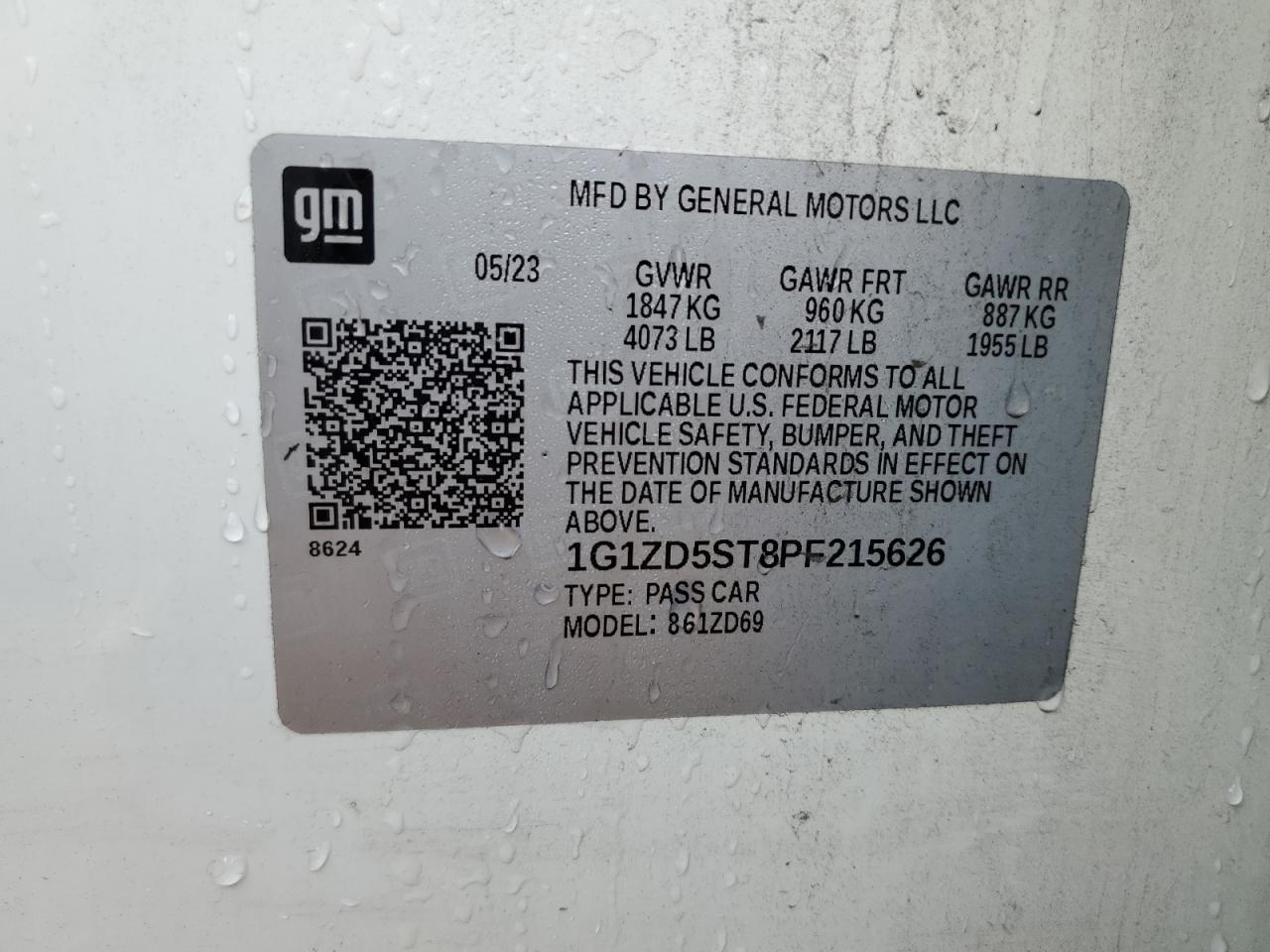 2023 CHEVROLET MALIBU LT VIN:1G1ZD5ST8PF215626