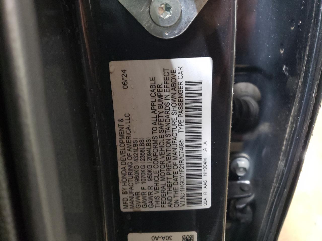 2024 HONDA ACCORD LX VIN:1HGCY1F21RA074895