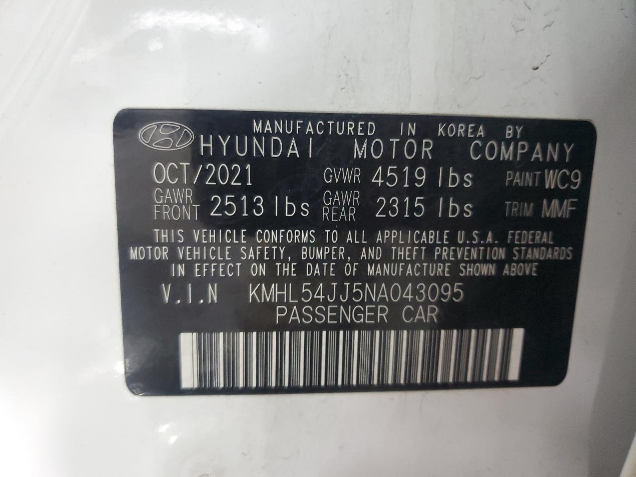 2022 HYUNDAI SONATA HYBRID VIN:KMHL54JJ5NA043095