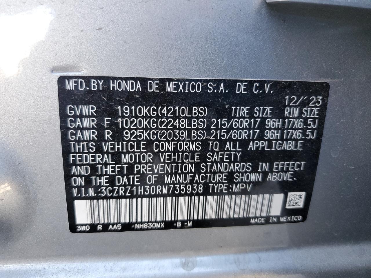 2024 HONDA HR-V LX VIN:3CZRZ1H30RM735938