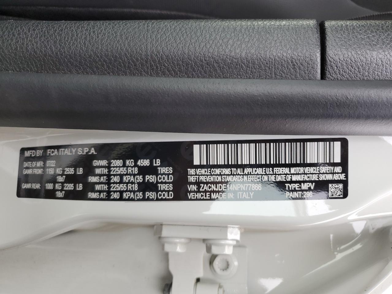 2022 JEEP RENEGADE ALTITUDE VIN:ZACNJDE14NPN77866
