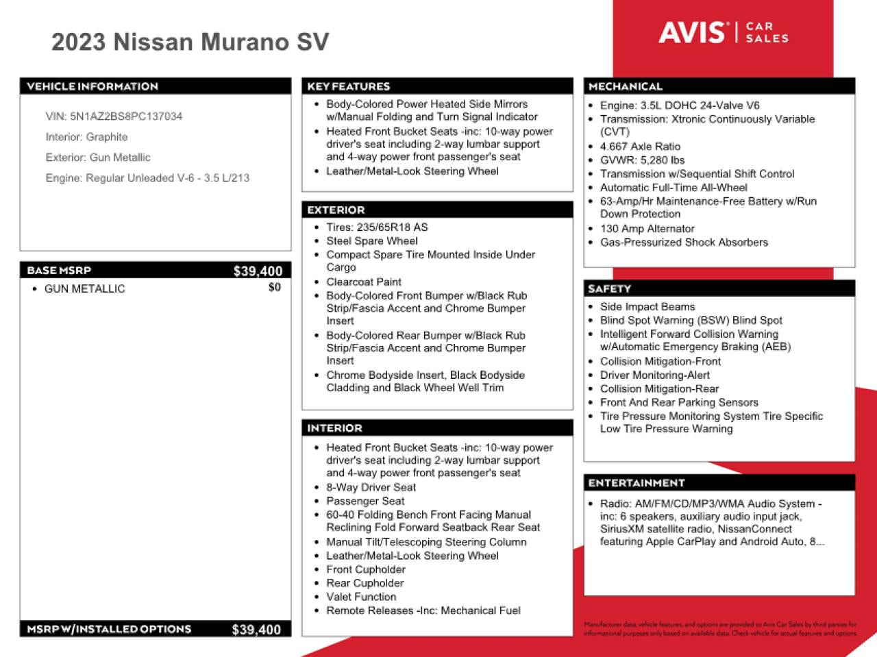 2023 NISSAN MURANO SV VIN:5N1AZ2BS8PC137034