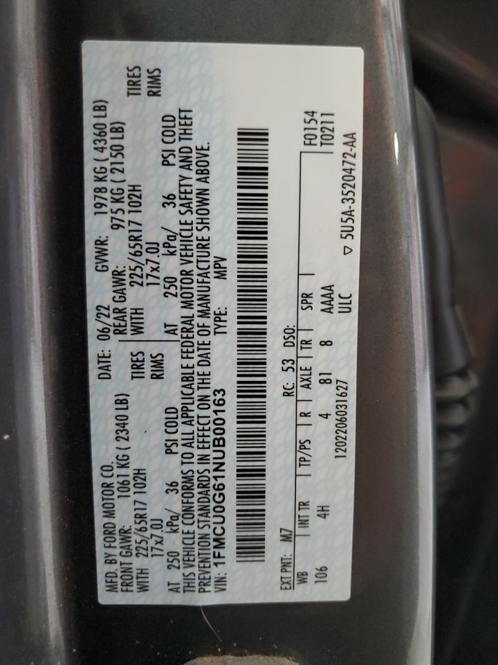 2022 FORD ESCAPE SE VIN:1FMCU0G61NUB00163