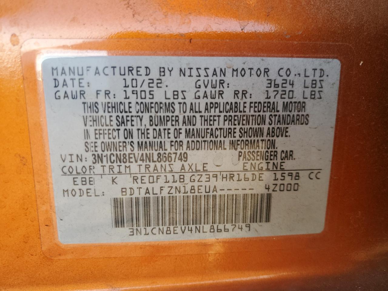 2022 NISSAN VERSA SV VIN:3N1CN8EV4NL866749