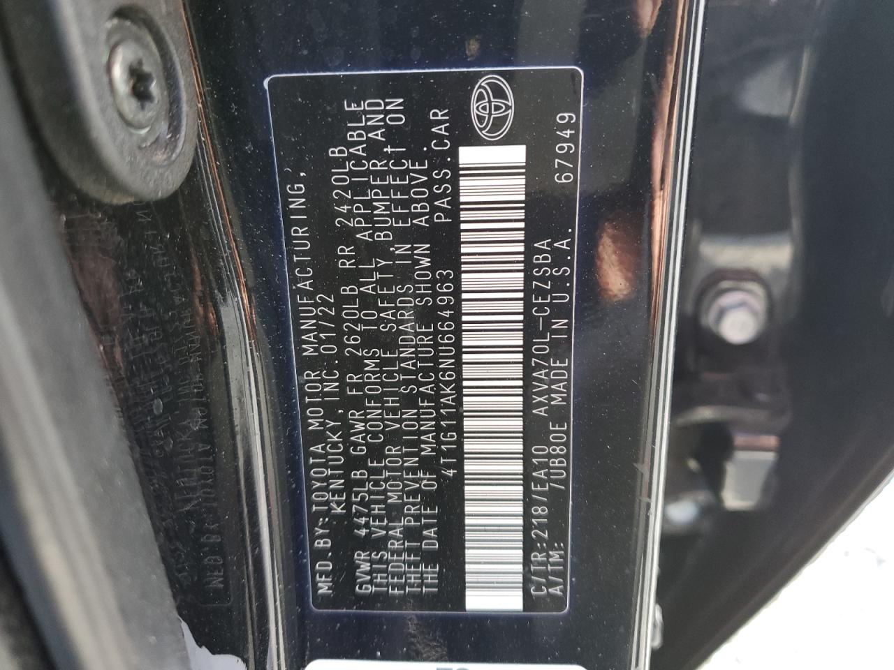 2022 TOYOTA CAMRY SE VIN:4T1G11AK6NU664963