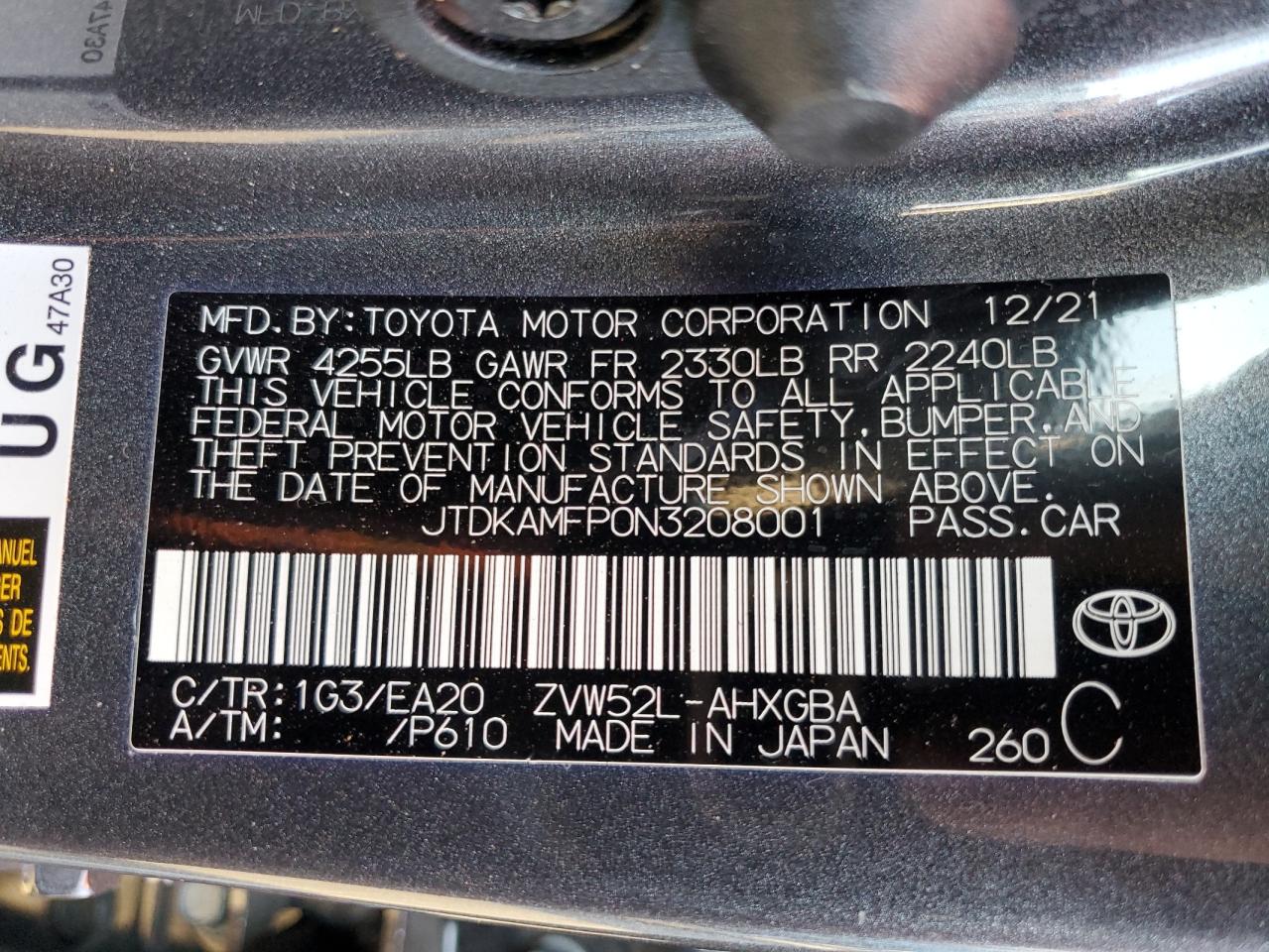 2022 TOYOTA PRIUS PRIME LE VIN:JTDKAMFP0N3208001