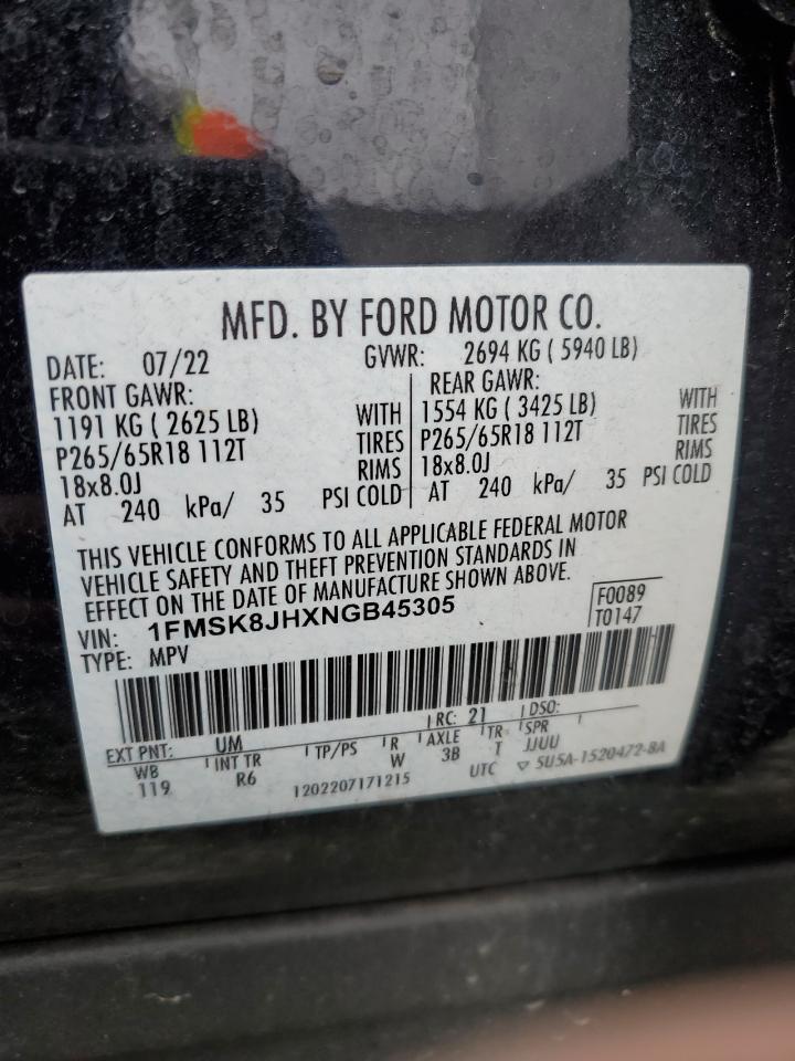 2022 FORD EXPLORER TIMBERLINE VIN:1FMSK8JHXNGB45305
