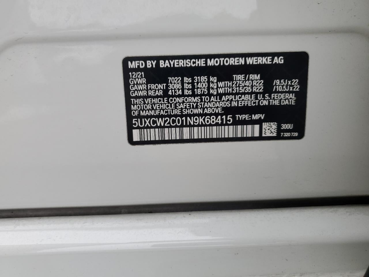 2022 BMW X7 XDRIVE40I VIN:5UXCW2C01N9K68415