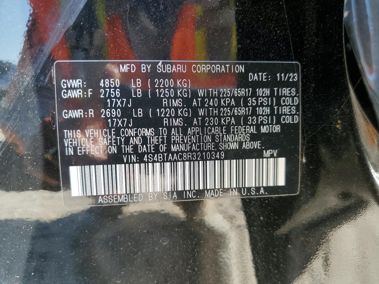 2024 SUBARU OUTBACK  VIN:4S4BTAAC8R3210349