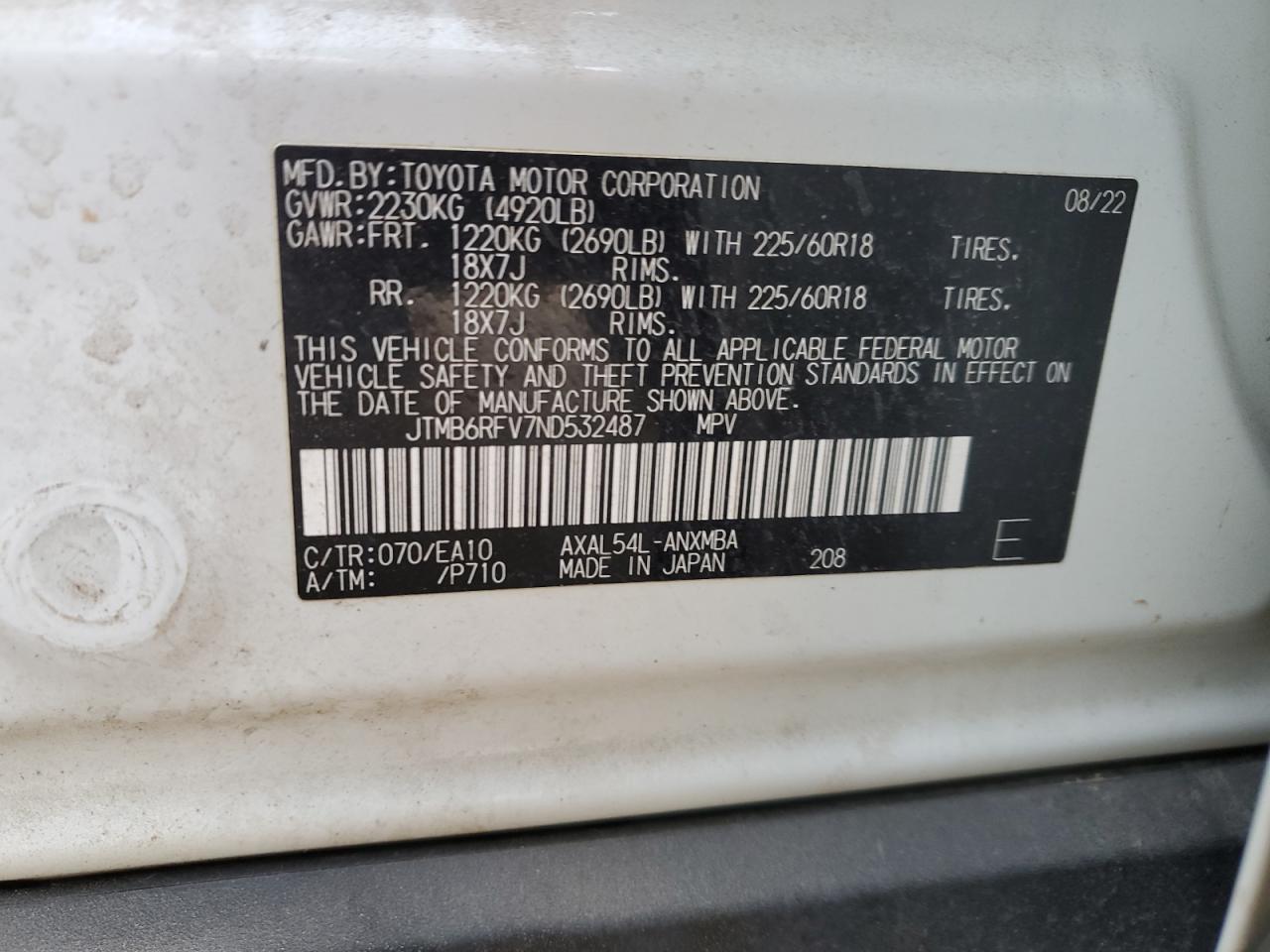 2022 TOYOTA RAV4 XLE PREMIUM VIN:1FM5K8D83HGB90728