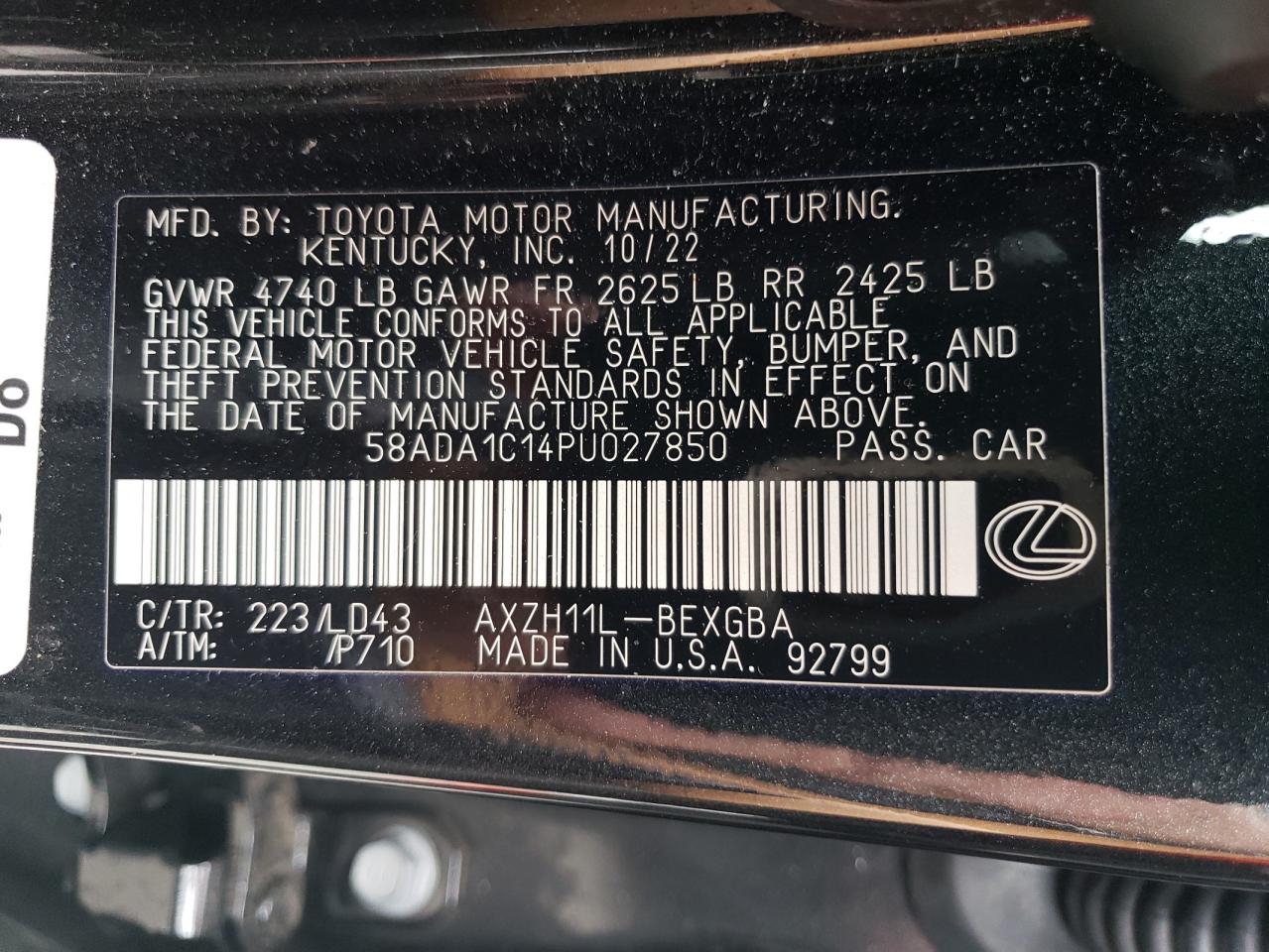 2023 LEXUS ES 300H BASE VIN:WP0AA2A8XNS255297